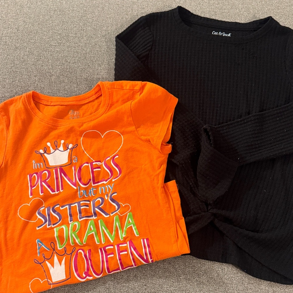 5/$15- Cat & Jack Orange Princess Tee and Black Knotted Top